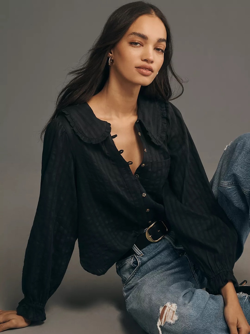 The Keira Collared Button-Front Blouse by Pilcro: Long-Sleeve Edition Sz Small